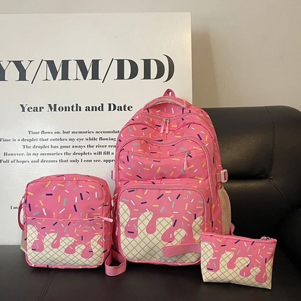 Oxford Fabric Ice Cream Printed Backpack Set with Pencil Case with Crossbody Bag School Bag Matching Large Capacity Bookbag