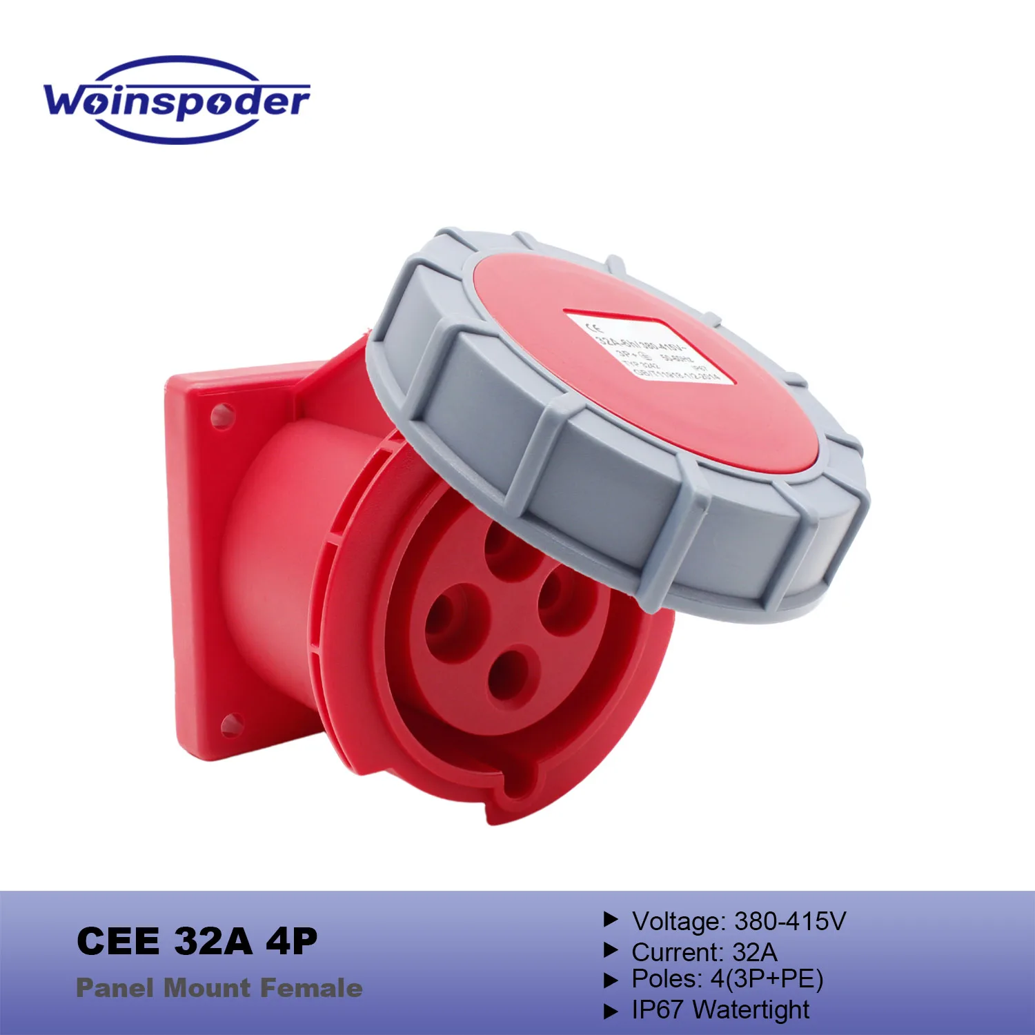 WOINSPODER 32A 4 Pin CEE Female Connector 380-415V 3P+PE IP67 Waterproof 6H for Stage Lighting Events Power Distribution