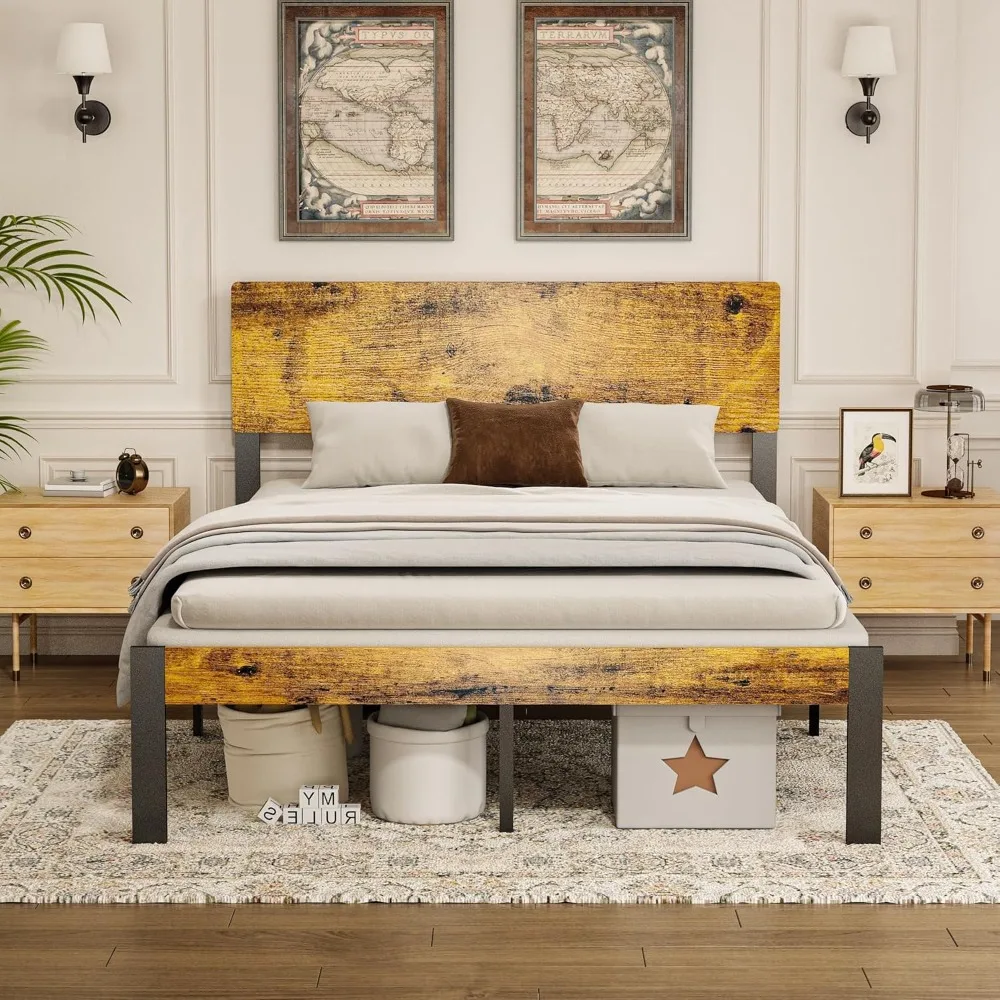 

Bed Frame with Wooden Headboard and Footboard, Metal Platform Bed Frame with Strong Steel Slat Support, Mattress Foundation/