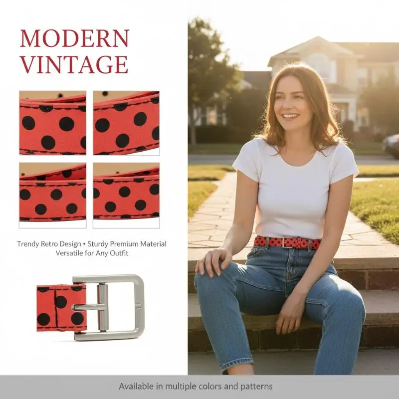 Polka Dot Faux Leather Belt Adjustable Metal Buckle Easy to Clean Cute Print for Women Skirts Jeans Daily Home Wear