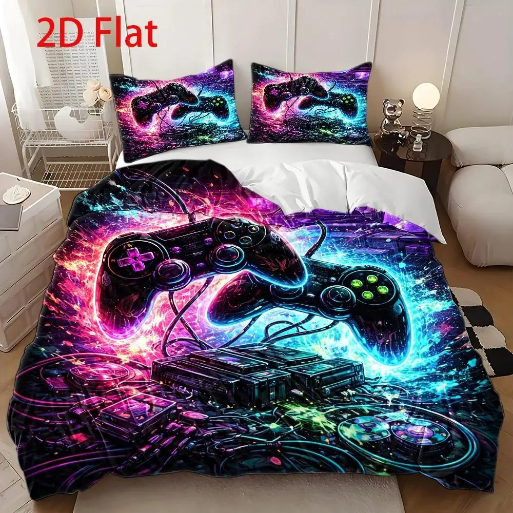 Soft Duvet Cover Set of Three, 2D Flat Printed Duvet Cover Set, Game Controller Neon Tech Theme, Cyberpunk, Machine Washable, Invisible Zipper, Large Duvet Cover Set, Bedding Set, Quilt Cover