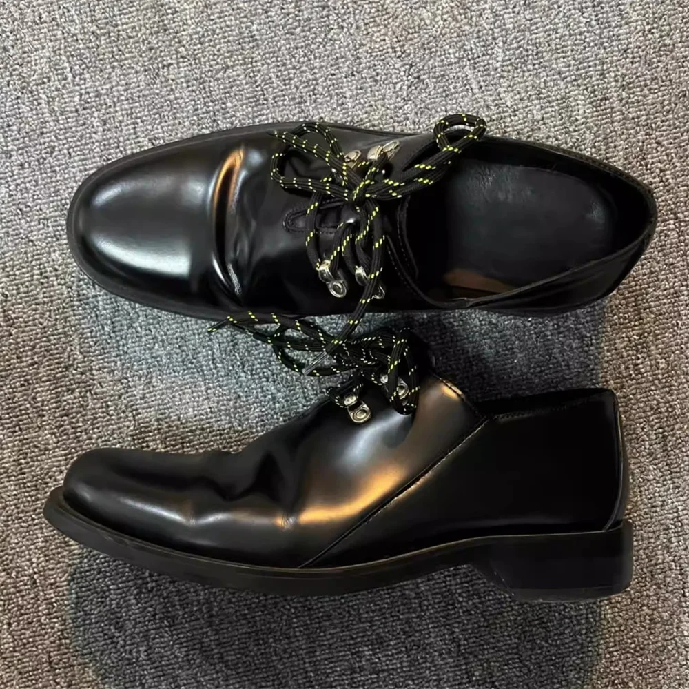 Black Mountaineering Buckle Derby Shoes Strap Small Leather Shoes Splicing Casual Comfortable Low Top Men Sports Shoes