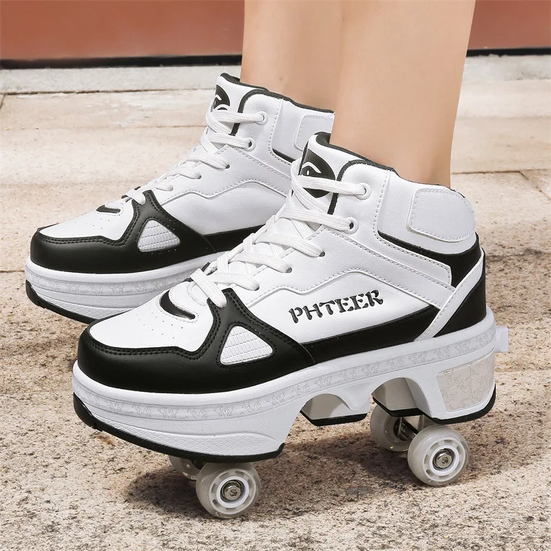 Deformação Roller Skates Sapatos para crianças, Tênis de corrida 4 rodas, Mulheres e Homens Parkour Roller Shoes