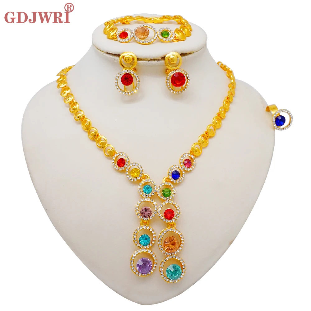 Luxus Dubai Gold Farbe Doppels chicht Halskette Schmuck Sets für Frauen afrikanischen Wasser tropfen Kristalls chmuck indischen Set Geschenke – Detail 32