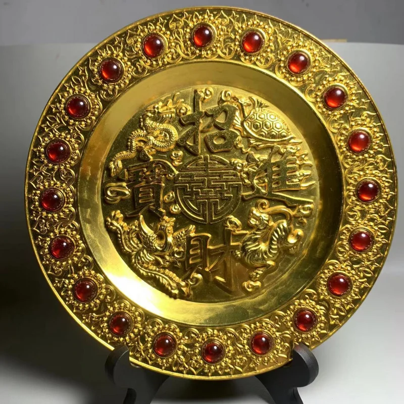 

Antique Miscellaneous Copper Plate ZFortune Treasure Four Divine Beasts Plate Large Gold-Plated "Fu" Character Copper Plate Home