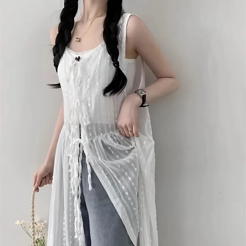 Vestido sin mangas de gasa con bordado frontal para mujer, camisas largas sin mangas con cordones, vestido bohemio para vacaciones en la playa, vestido blanco dulce