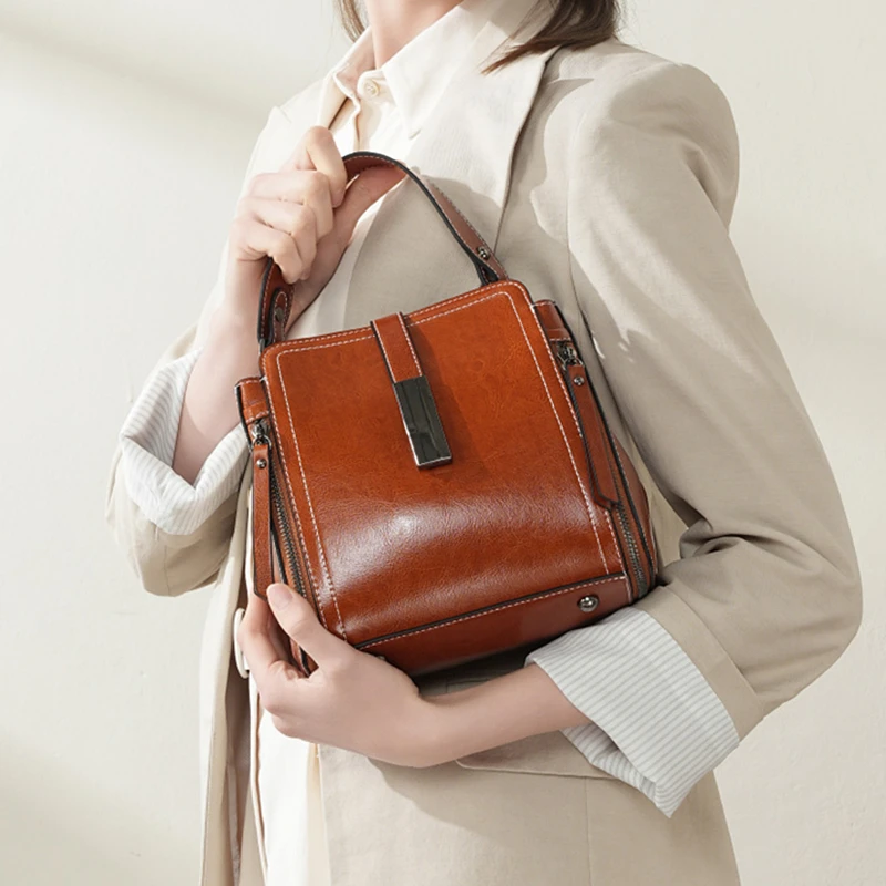 

Burminsa Vintage Genuine Leather Bucket Small Shoulder Crossbody Bags For Women 2025 Luxury Designer Top Handle Ladies Handbags