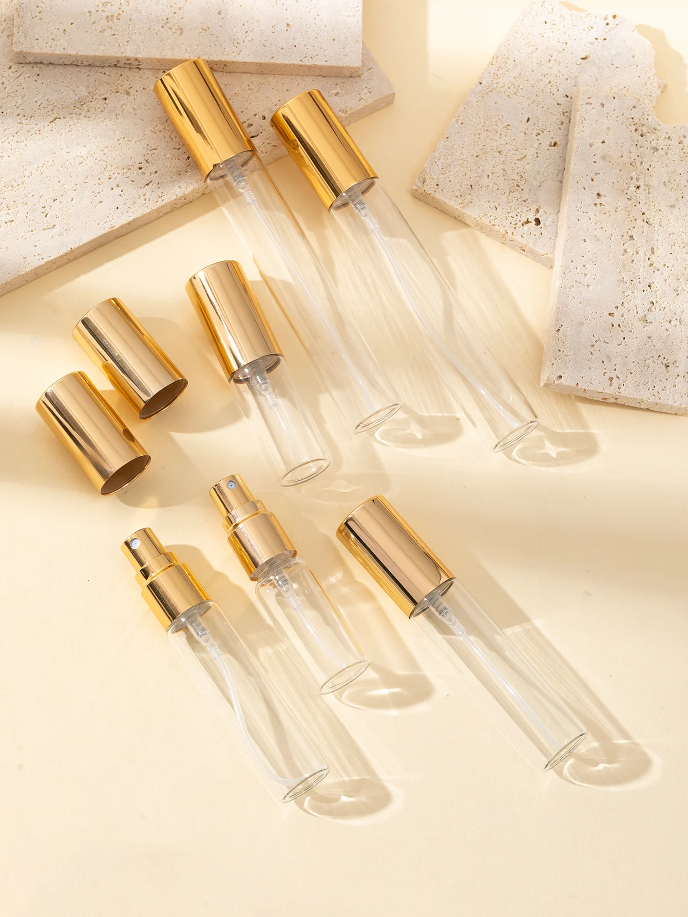 Groothandel 35/stuk 5ml10ml15ml lokale tiran goud transparant glas verdikte spuitfles mini parfumflesje reisformaat