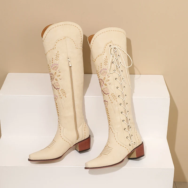 

2025 New Vintage Embroidery Over The Knee Outside Strap Inside Zipper Thick Heel 5CM Square Head Comfortable Super Boots