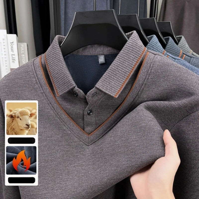 

Men's Faux Two-Layer Knit Sweater V-Neck Wool Blend Sweater, Plush Lined Thickened, Brown Trim Detail Business Casual