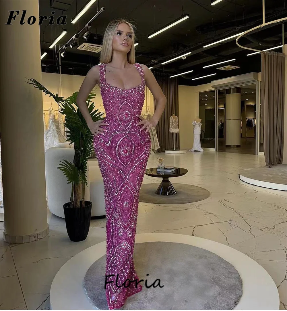 Full Beaded Straight Evening Dresses Arabic Dubai Spaghetti Straps Crystals Formal Prom Dress For Wedding Party Gowns Engagement