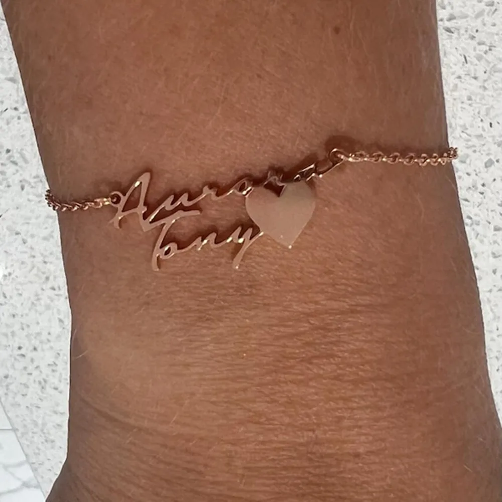 Personalizad Heart Name Bracelet For Women Custom Stainless Steel Chain Double Cursive Pulsera Lovers Jewelry Accessories