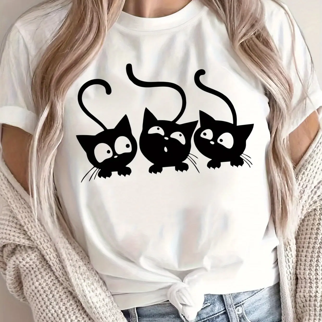 Women's Cute Cat Prints T-shirt Breathable Fashionable and Versatile Unisex Streetwear