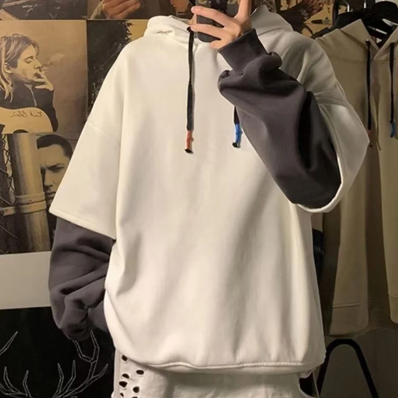 Winter Round Neck Long Sleeve Fashion Sweatshirts Man High Street Casual Loose Pullovers Fake Two Pieces Thick Drawstring Hoodie