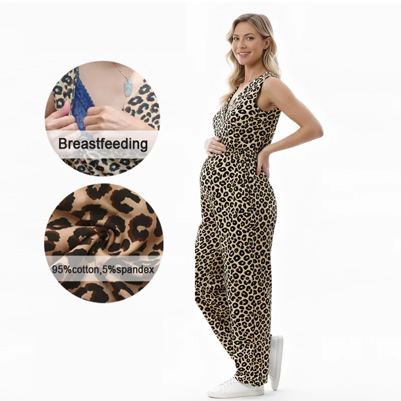 Cotton Leopard Print Maternity Jumpsuit with High Elasticity and Breathable Front Opening Closure for Breastfeeding