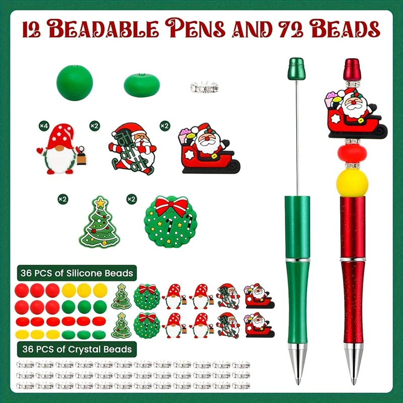 Bolígrafos navideños con cuentas, bolígrafos con cuentas con 12 espaciadores de silicona con forma de Papá Noel para suministros escolares y de oficina de Navidad