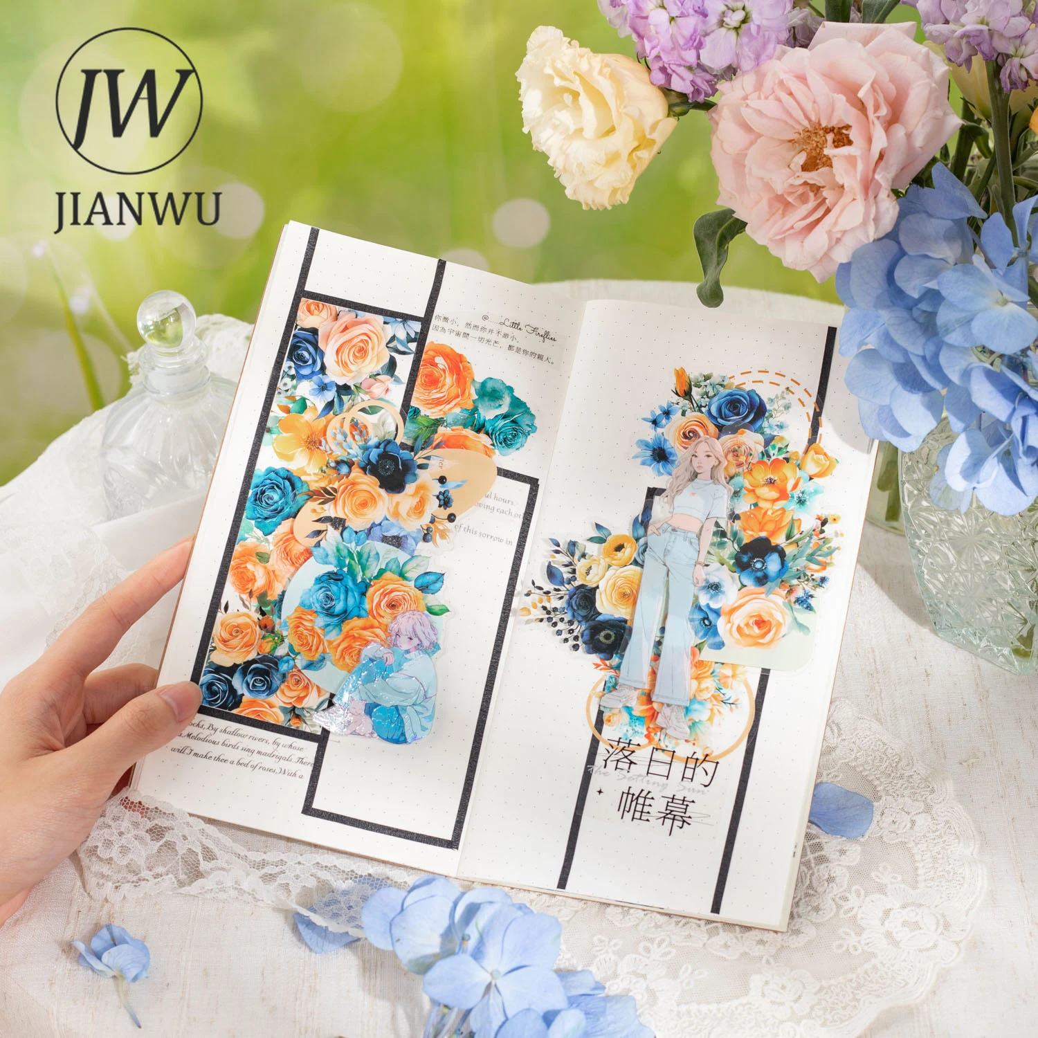 JIANWU-Serie de tejido de ensueño Vintage, Material de paisajismo de flores, Collage de mascotas, pegatina creativa, diario de bricolaje, papelería