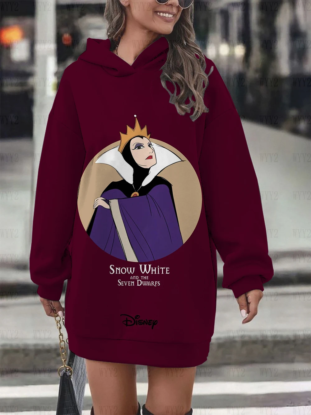 Schlafender Teufel Lustiger Aufdruck Herbst und Winter Einfache Langarm-Kapuzenpullover Disney Damen Lose Langarm-Pulloverkleid