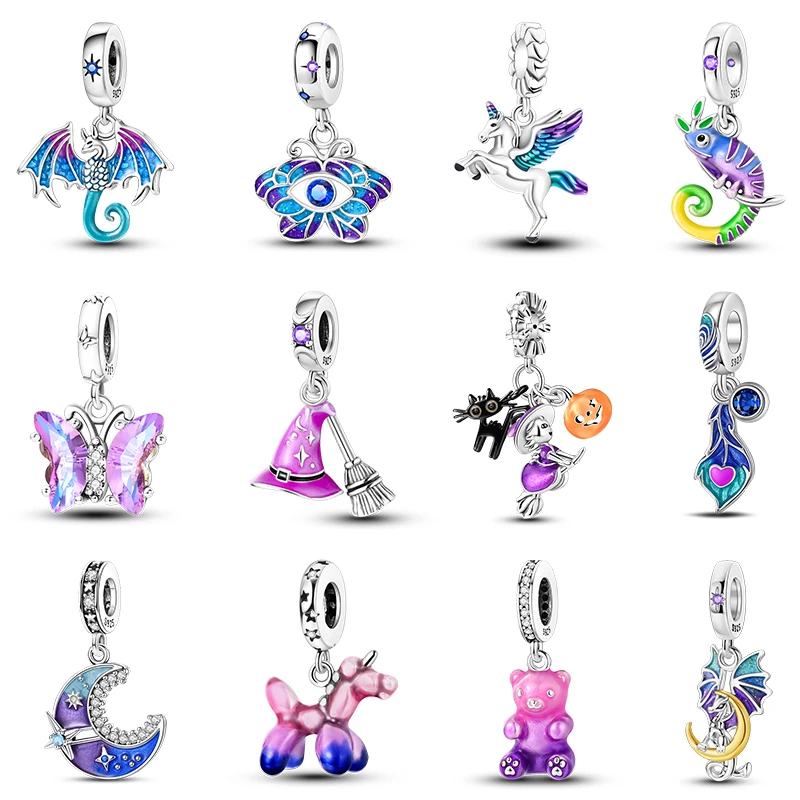 925 Silber Farbe Fantasie Fliegendes Chamäleon Drache Schmetterling Lila Charms Anhänger Fit 3mm 925 Original Armbänder DIY Schmuck