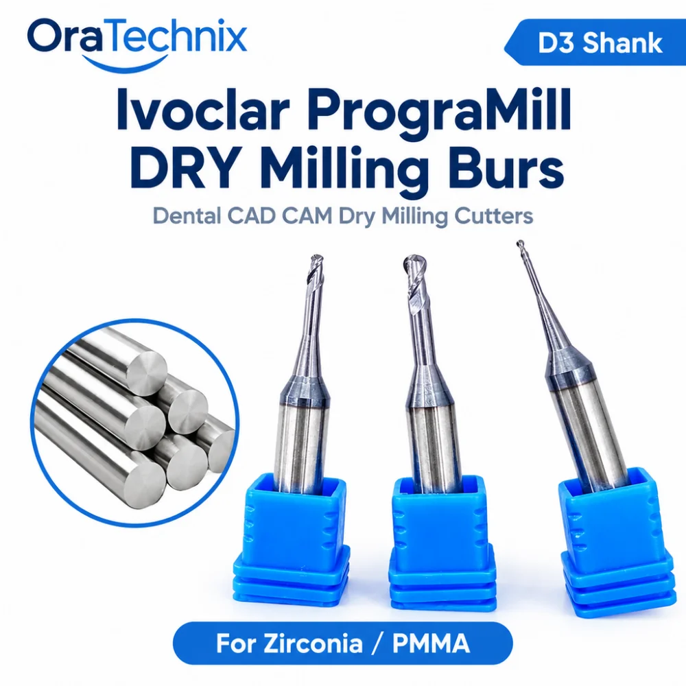 Dental CAD CAM Dry Milling Burs For Ivoclar PrograMill DRY Machine, D3 Shank, Diamond Coated for Zirconia and PMMA Milling Cutte