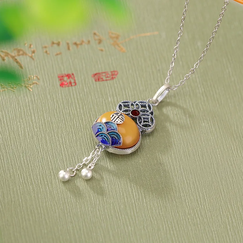 S925 Sterling Silver Amber Cloud Pattern Fortune Character Coin Gourd Pendant Tassel Hanging Ornament