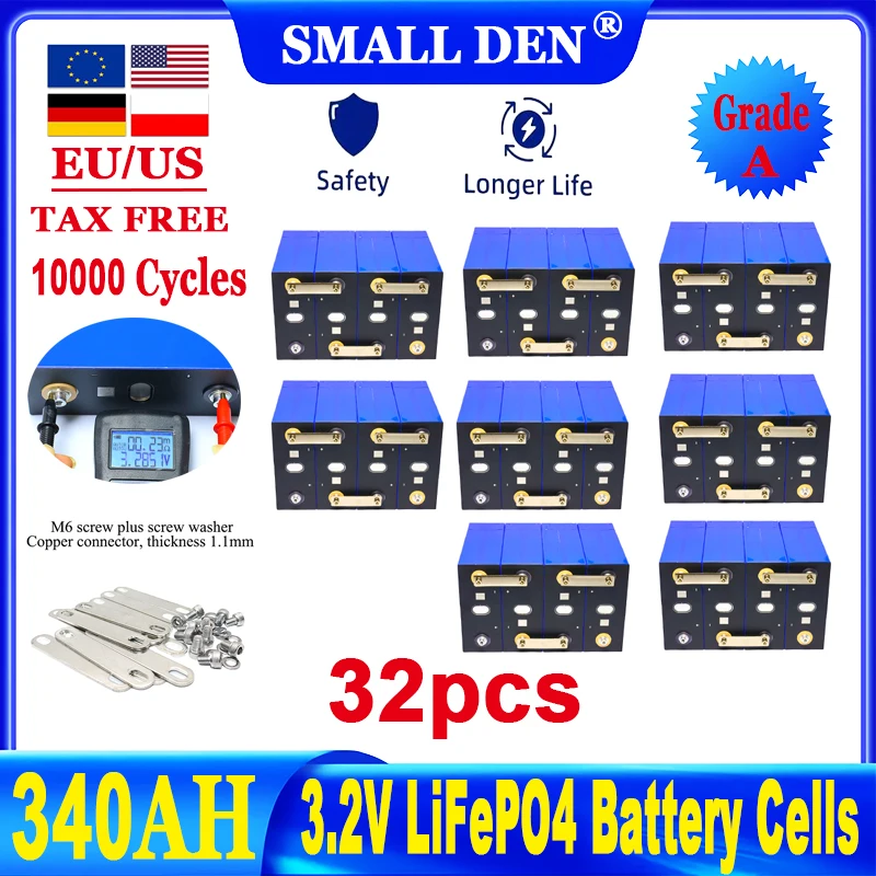 32pcs Power Battery 3.2V 340Ah Lifepo4 Battery 10000 cycle diy 12V 24V 48V A-class 3C RV Solar Golf Cart Rechargeable cell NoTax