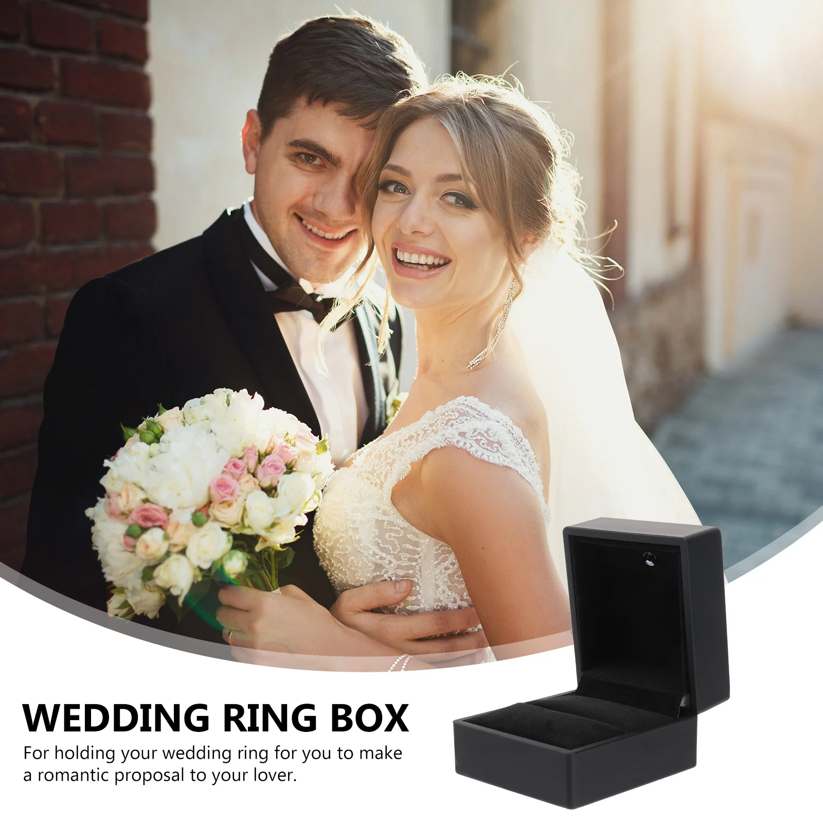 

LED Lighting Wedding Ring Box Black Durable PU Metal Portable Jewelry Case Romantic Proposal Gift Wedding Ring Box
