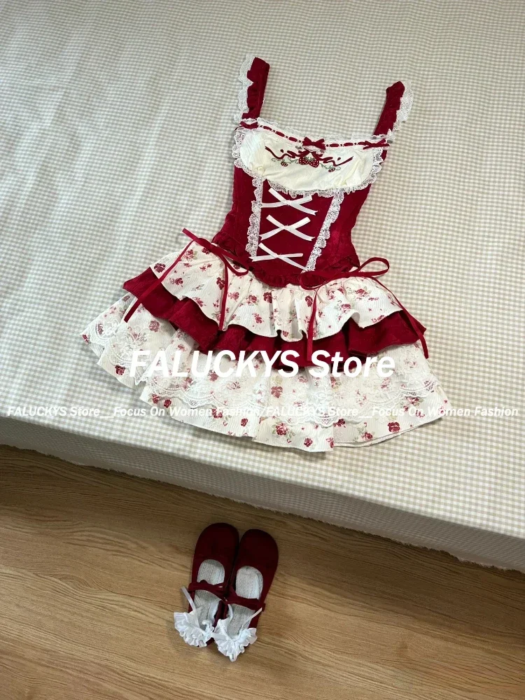 2024 France Vintage Slim Square Neck Print 2 Piece Set Women Sweet Cute Lace Bow Patchwork Tops Female + High Waist Short Skirt