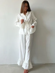 Hiloc Loose Women's Home Clothes 2 Piece Sets White Long Sleeve Sleepwear Female Casual Trouser Suits Summer Fashion Pajamas