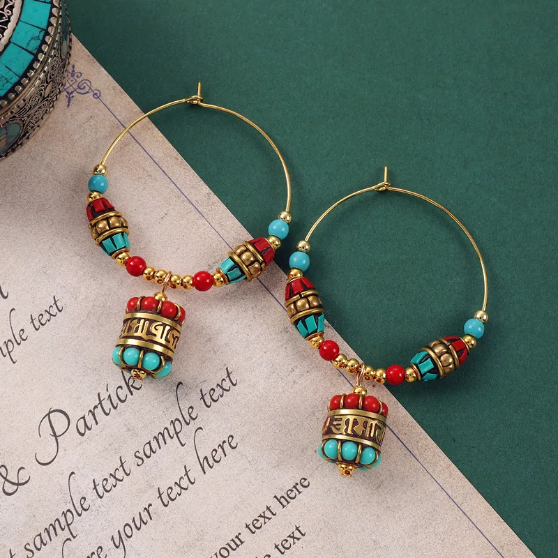 Ethnic Tibetan Style Pendant Earrings for Women Vintage Copper Bead Luxury Gemstone Colorful Jewelry Nepal Exotic Creative Gift