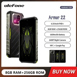 Ulefone Armor 22 Waterproof Rugged Smartphone 6.58Inch Octa-core 8GB+256GB 64MP Night Camera 6600mAh Android 13 Mobile Phone NFC