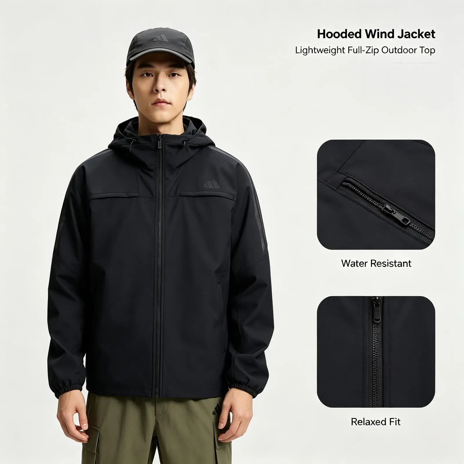 Adidas SL WARM JKT KA1307 Black Lightweight Hooded Wind Jacket Full-Zip Water Resistant Outdoor Hiking Running Casual Outerwear