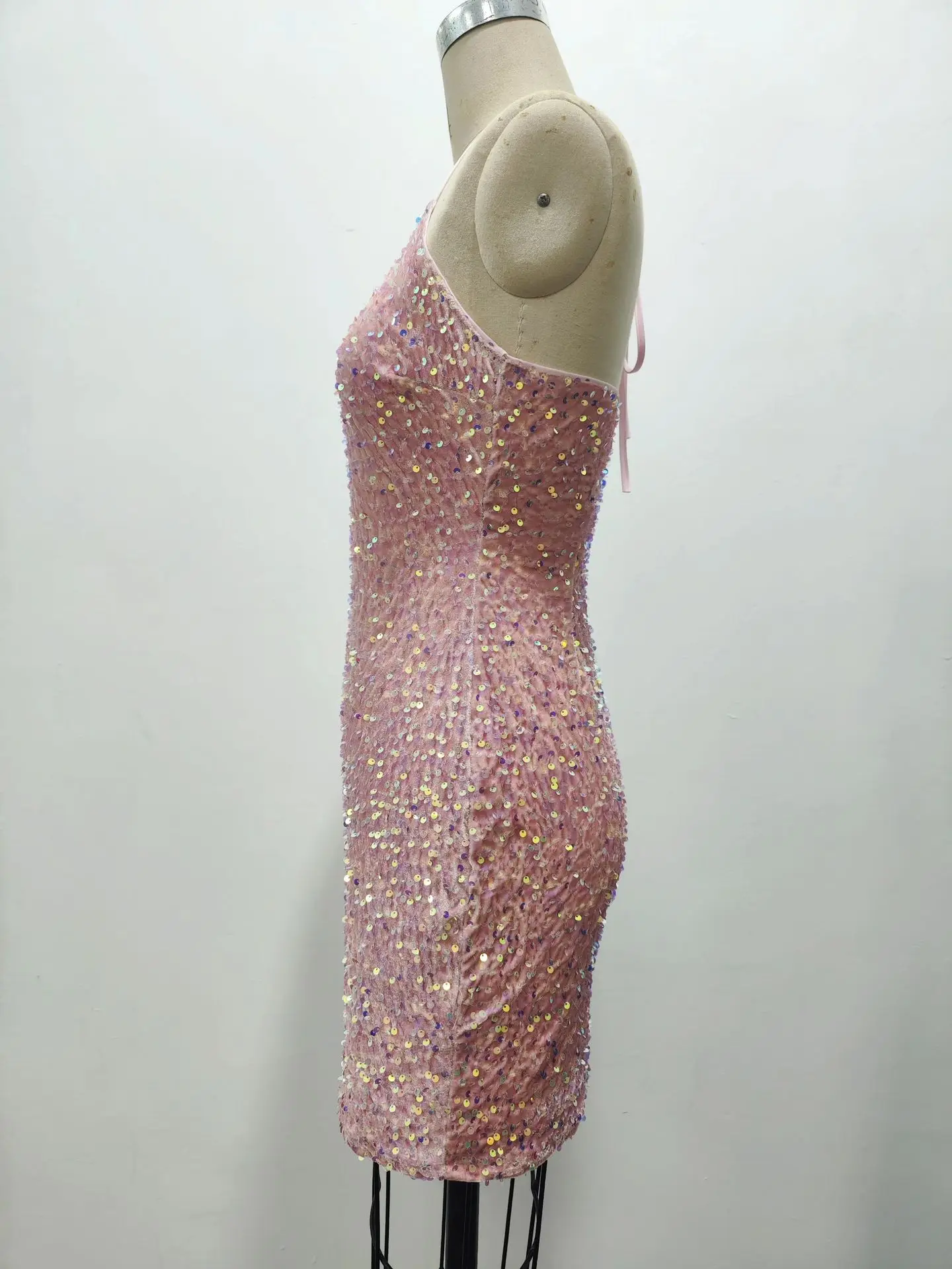 Vestido de festa rosa brilhante para mulheres, sem costas, sem mangas, curto, boate, bodycon sexy, senhoras, vestidos de baile, moda, 2024