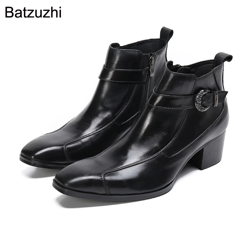 

Batzuzhi High Heels Ankle Black Genuine Leather Boots for Men Pointed Toe Business Men's Boots Botas Hombre, Sizes 38-47!