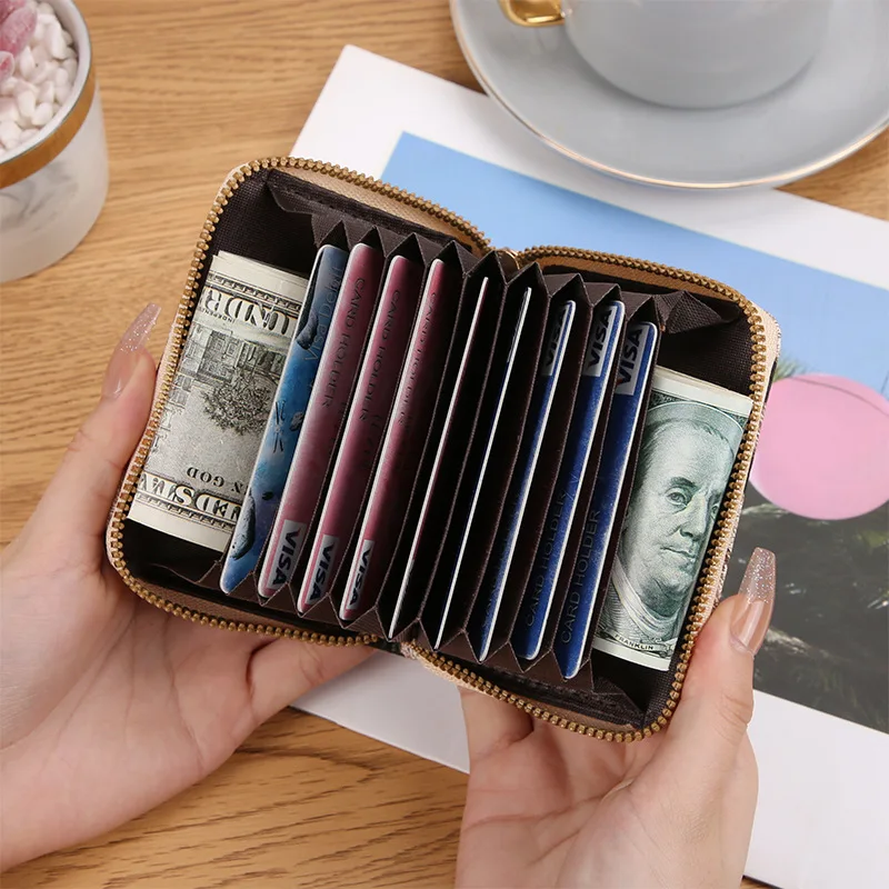 New Style Leopard Print Multi-Card Slot Single Pull Accordion Card Holder Short Coin Purse Id Cover