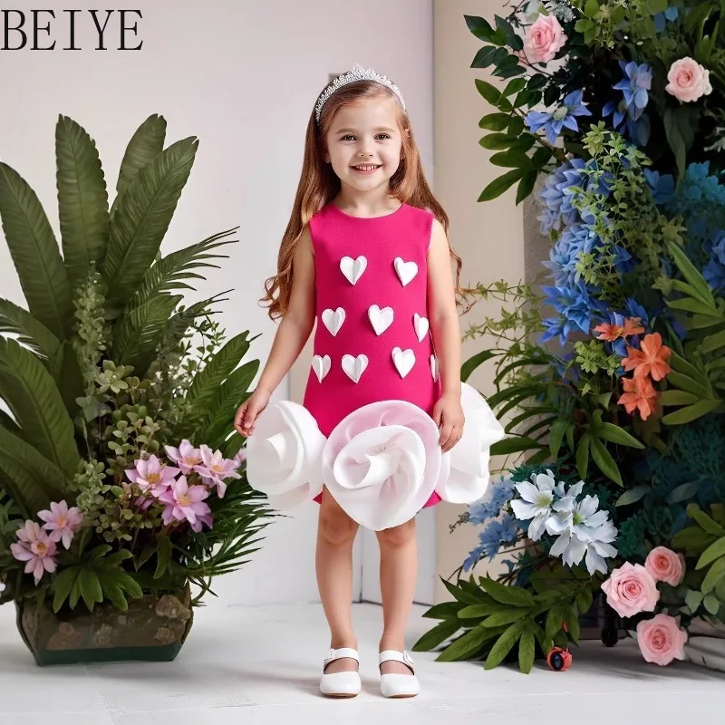 

Girls Pink Sleeveless A Line Dress with White Hearts Flowers Kids Elegant Princess Party Dress Formal Gown for Birthday Wedding