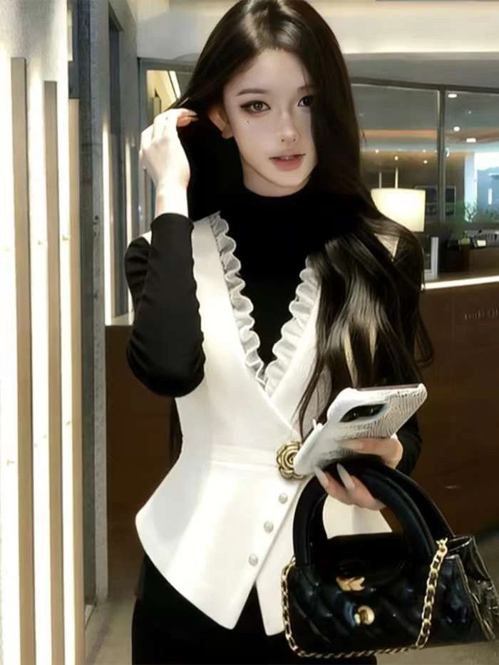

Faionable V-ne Lace Trim Vest Women's High-end Slim Fit Single Button Jaet Outerwear Commute Sle Long Sve Spring