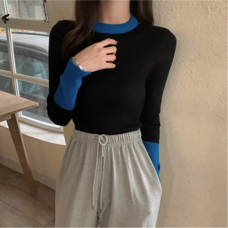 Koreanische Herbst Winter Frauen O-Ausschnitt Kontrast farbe Finger Cots Mode schlanke Langarm Pullover Bottom ing Shirt Strick oberteile