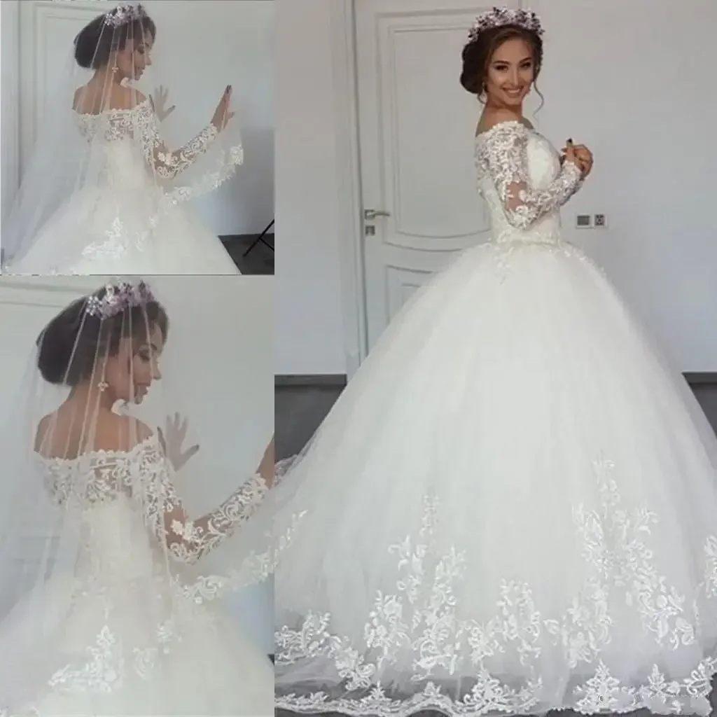 

Customize Luxury Lace Ball Gown Wedding Dresses Off Shoulder Long Sleeve Sweep Train Bridal Gowns Lace Applique Plus Size Africa
