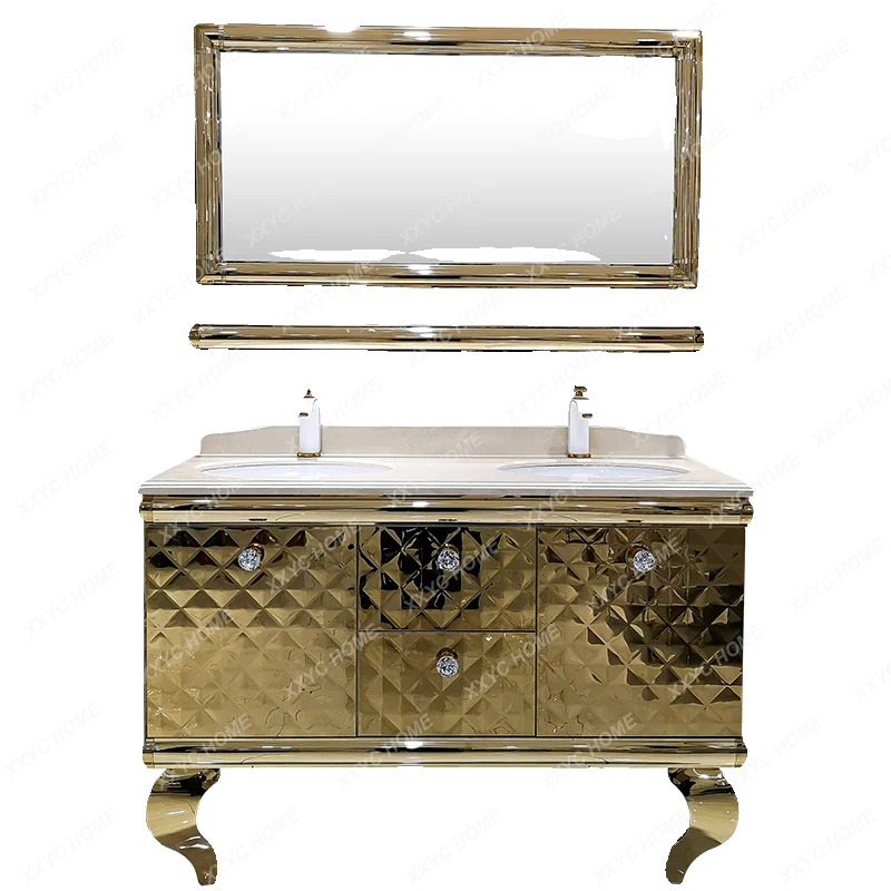 

Luxury hotel bathroom cabinet combination bathroom stainless steel washing table villa double basin floor gold
