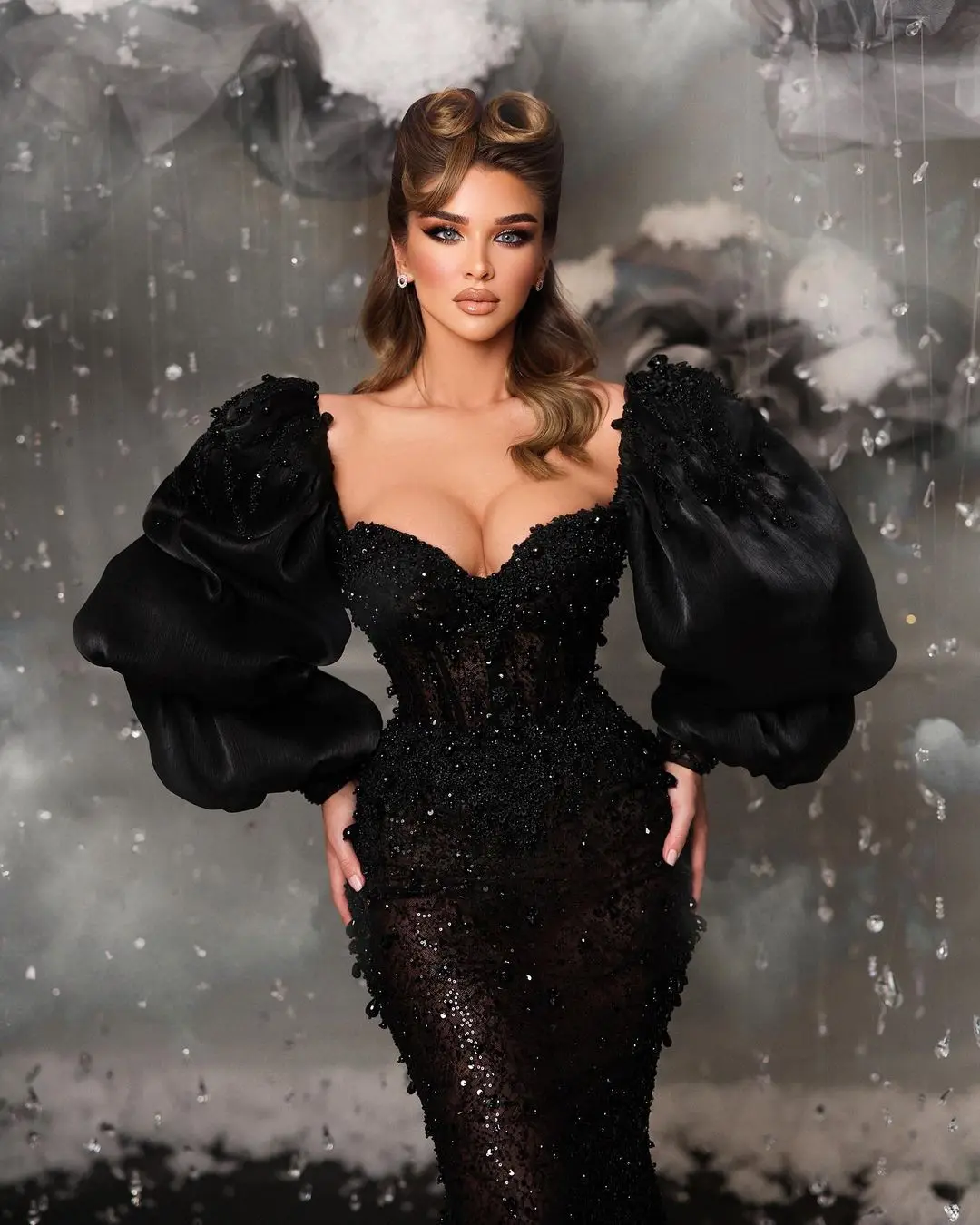 Dramatic Black Beaded Mermaid Evening Dresses with Puff Sleeves Corset African Wedding Party Dress Ladies Formal Occasion Gowns