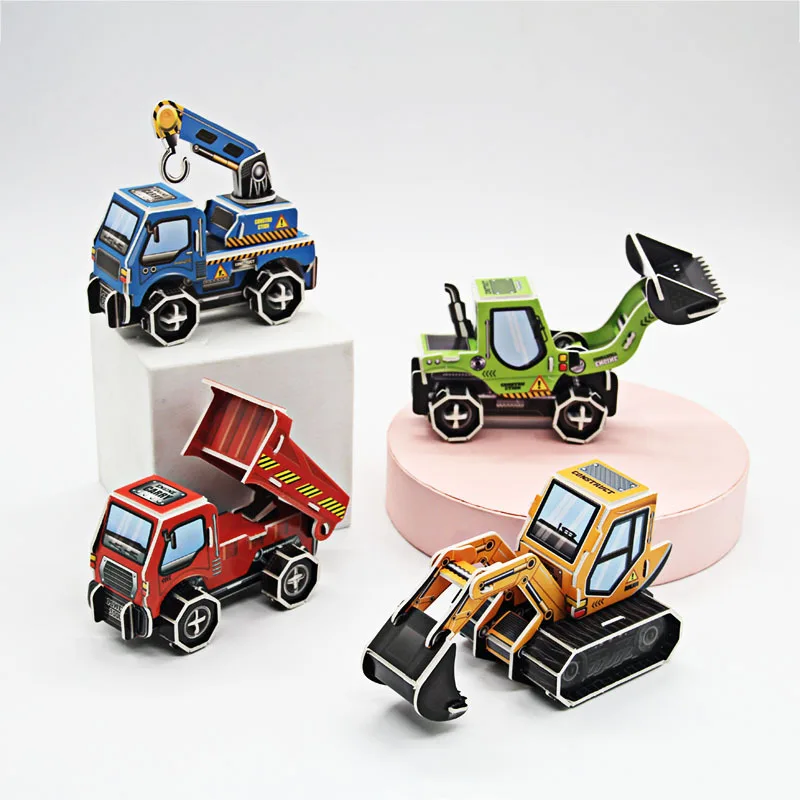 3D Cartoon Engineering Vehicle Cardboard Jigsaw Puzzle Excavator Truck Crane Paper Model for Kids Handmade DIY Toy Boys Gift