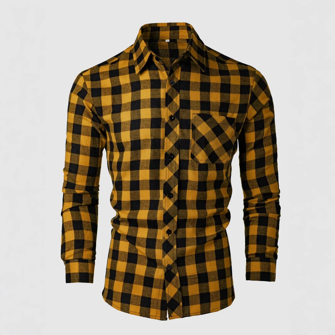 2026 Mens Checkered Shirt Slim Casual Long Sleeve Cardigan Jacket Spring Autumn New Plaid Button lapelLong sleeve flannel shirt