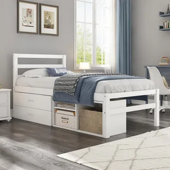 ヘッドボード付き木製プラットフォームベッドフレーム,取り外し可能な収納引き出しと棚,ダブルサイズ