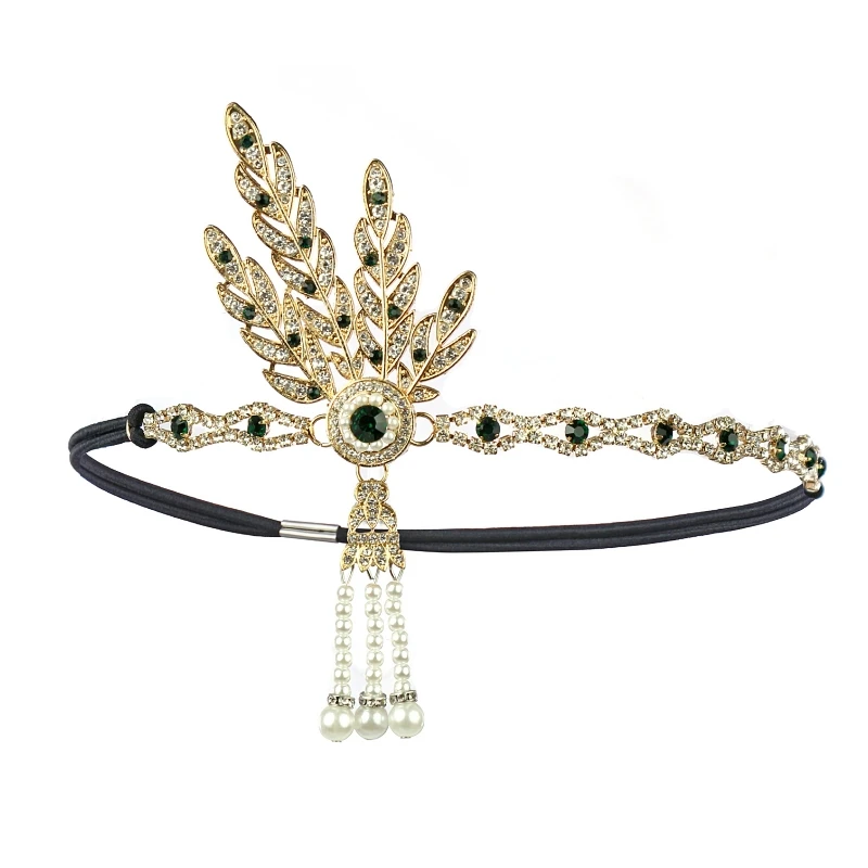 1920\'s Flapper Headband Leaf Rhinestone Headpiece Pearl Headdress Bridal Hair Accessories Head Chain for Women