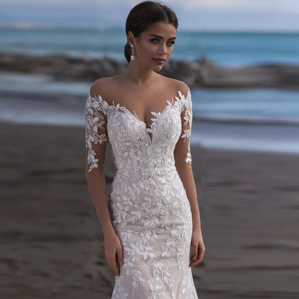 Praia mangas compridas sereia tule vestido de casamento elegante v-neck renda apliques ilusão volta com botão vestido de noiva feito sob encomenda