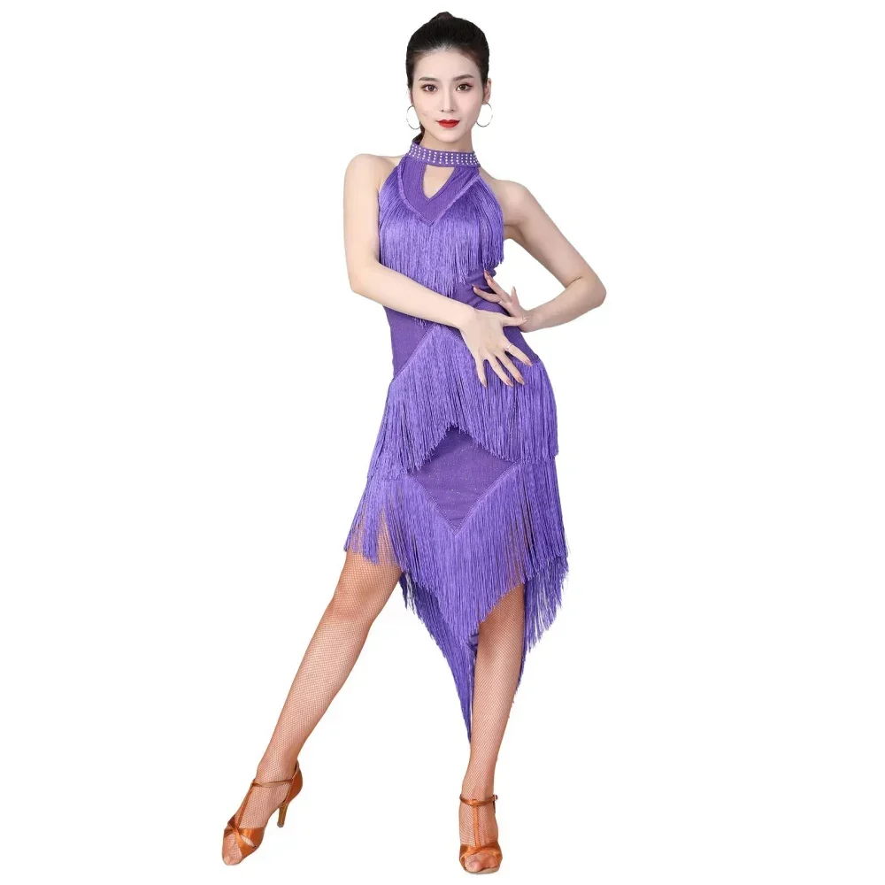 Dazzling  Dance Salsa Samba Clothes For Women High Neck  Fringes Latin Dresses Sleeveless Irregular Long Dress with Necklace