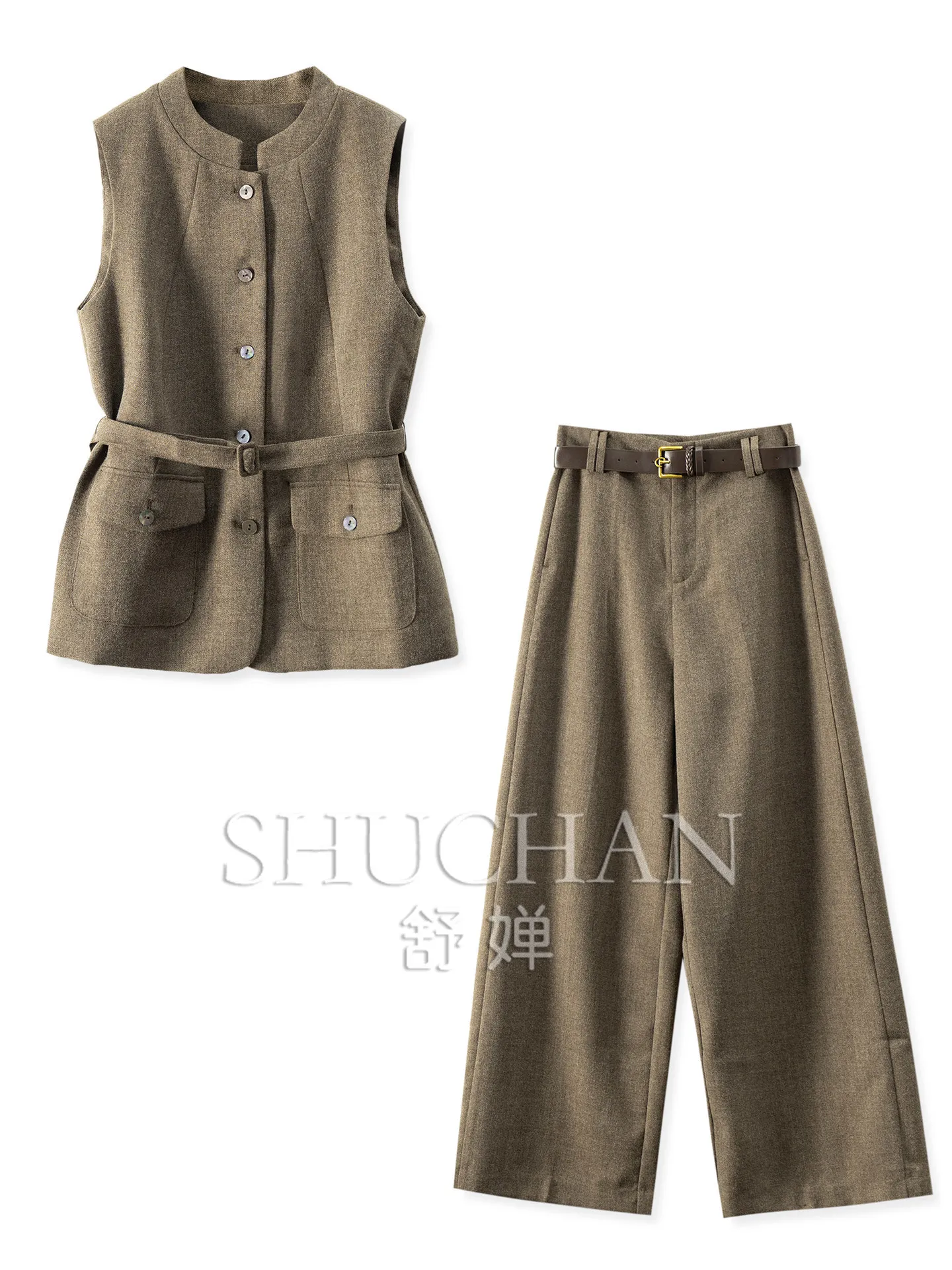 High-quality Waist Vest + High-waisted Straight Wide-leg Pants Suit for Women E072 Tracksuit Women Two Piece Set