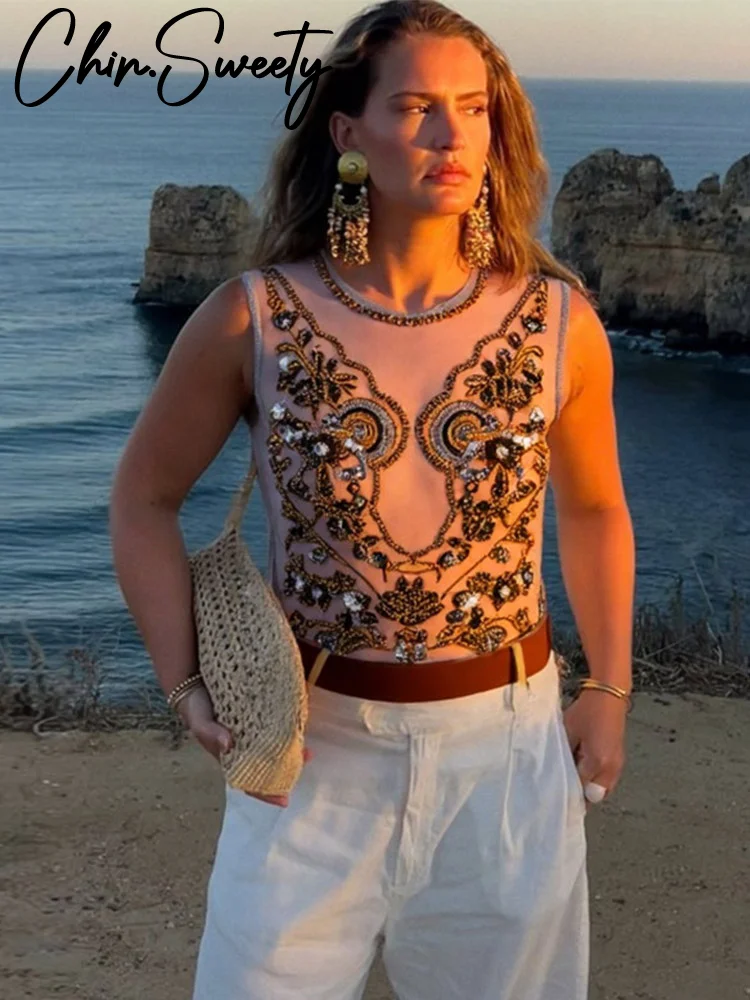 بدلة قفز نسائية مثيرة مطرزة بالخرز حضرية برقبة دائرية بدون أكمام بدلة قفز نسائية موضة صيف 2025 ملابس خروج للسيدات #3