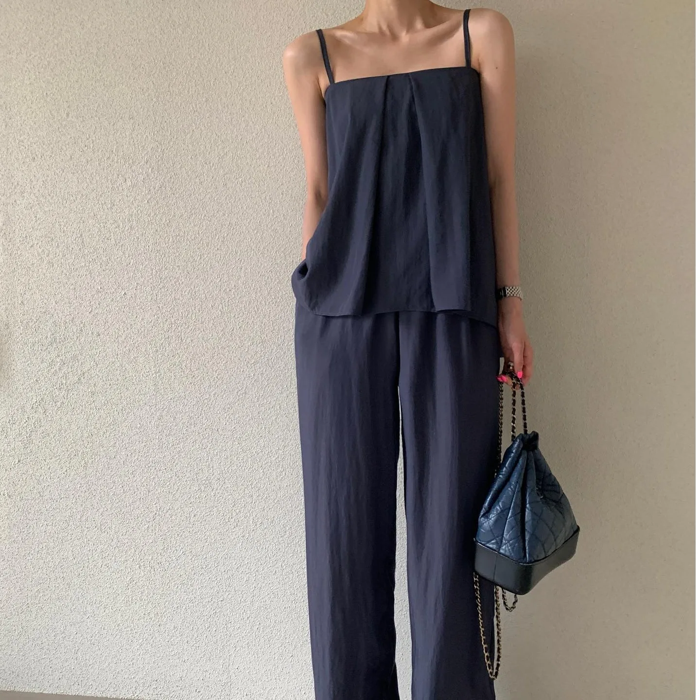 

Ele Spring Square Collar Pleated Loose Strap Vest High Waist Wide Leg Pants Two Piece Set Casual Sle Spring Collection